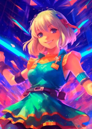 Smiling Anime Girl in Vibrant Neon Lights - Premium Wooden Framed Poster. Ready to Hang.