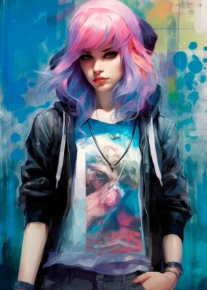 Anime Girl with Pink and Purple Hair - Premium Wooden Framed Poster. Ready to Hang.