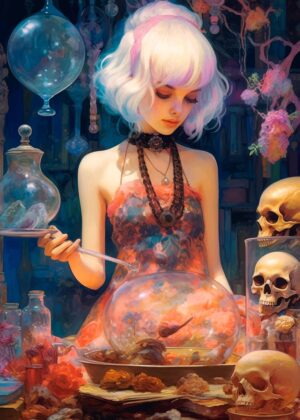 Alchemist Girl with Skulls: Fantasy Art Print - Premium Wooden Framed Poster. Ready to Hang.