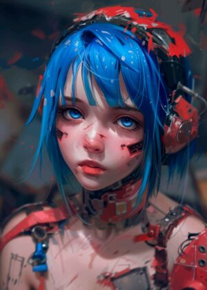 Cyberpunk Anime Girl: Digital Art Print - Premium Wooden Framed Poster. Ready to Hang.