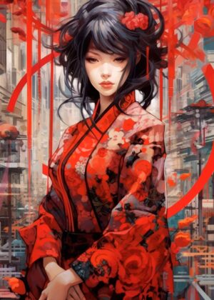 Red Kimono Woman: A Stunning Artwork of Japanese Elegance - Premium Wooden Framed Poster. Ready to Hang.