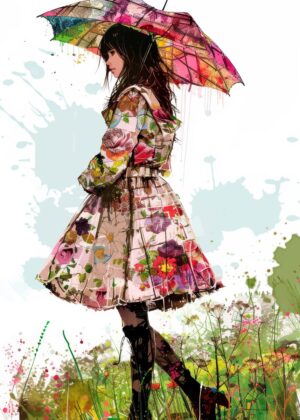 Whimsical Girl Under a Colorful Umbrella - Premium Wooden Framed Poster. Ready to Hang.