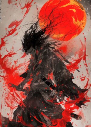 Samurai and Crimson Moon: A Digital Painting - Premium Wooden Framed Poster. Ready to Hang.