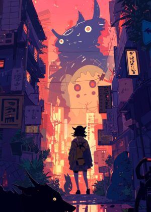 Giant Monster Lurks in City Alleyway: Anime Art Print - Premium Wooden Framed Poster. Ready to Hang.