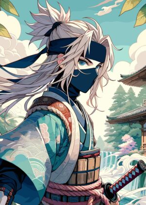 Anime Ninja Samurai Art Print:  A Breathtaking Fusion of Tradition and Fantasy - Premium Wooden Framed Poster. Ready to Hang.