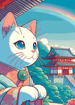 Japanese Neko in Kimono: A Whimsical Artwork - Premium Wooden Framed Poster. Ready to Hang.