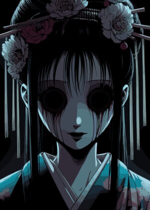 Eerie Beauty: Japanese Horror Anime Girl Art Print - Premium Wooden Framed Poster. Ready to Hang.
