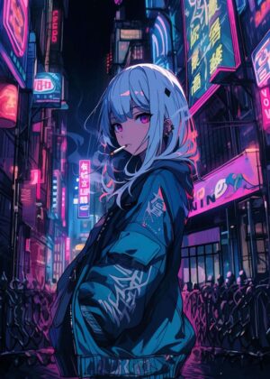 Anime Girl in Neon City Nights - Premium Wooden Framed Poster. Ready to Hang.