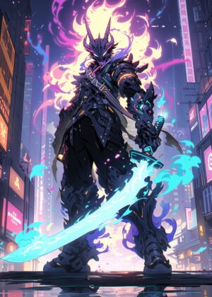 Cyberpunk Samurai Warrior: Digital Art Print - Premium Wooden Framed Poster. Ready to Hang.