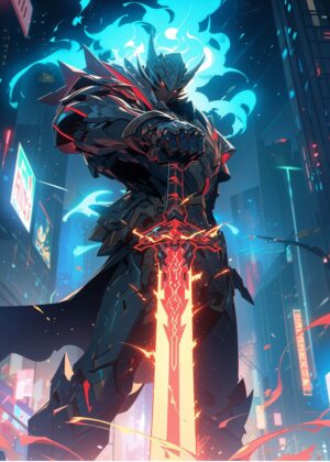 Cyberpunk Warrior: Digital Art Print - Premium Wooden Framed Poster. Ready to Hang.