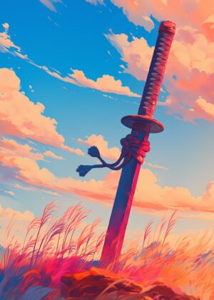 Samurai Sword Anime Sunset Art Print - Premium Wooden Framed Poster. Ready to Hang.