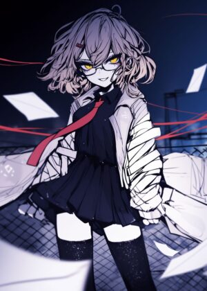 Anime Girl with Red Tie: Mysterious and Stylish - Premium Wooden Framed Poster. Ready to Hang.