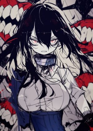 Dark-Haired Anime Girl: Mysterious and Intriguing Artwork - Premium Wooden Framed Poster. Ready to Hang.