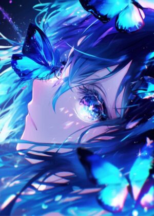 Ethereal Anime Girl with Glowing Butterflies - Premium Wooden Framed Poster. Ready to Hang.