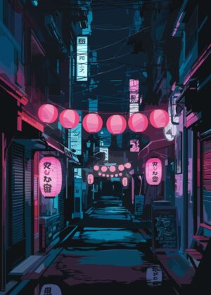 Anime Tokyo Night Lights: A Vibrant Cityscape - Premium Wooden Framed Poster. Ready to Hang.