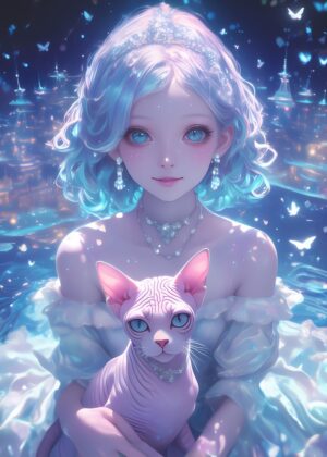 Enchanted Anime Princess with Sphynx Cat - Premium Wooden Framed Poster. Ready to Hang.