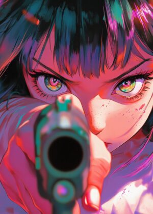 Anime Girl with Gun: Fierce Determination - Premium Wooden Framed Poster. Ready to Hang.