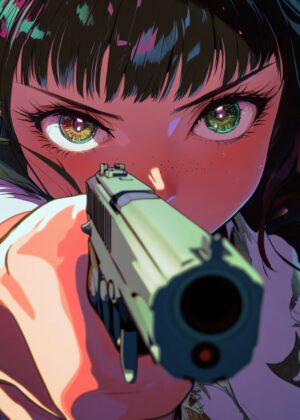 Anime Girl with Gun: Striking Art Print - Premium Wooden Framed Poster. Ready to Hang.