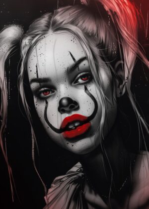 Dark Clown Girl Portrait: Monochrome Beauty with a Twist - Premium Wooden Framed Poster. Ready to Hang.