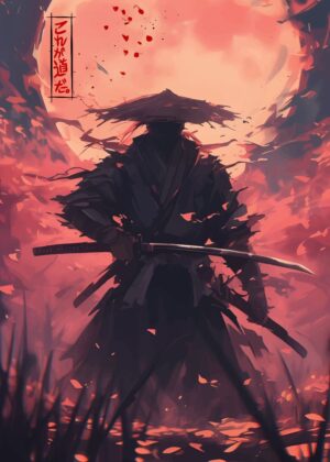 Samurai in Crimson Sunset: A Digital Art Print - Premium Wooden Framed Poster. Ready to Hang.