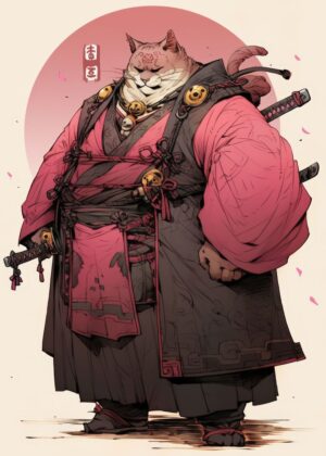 Cat Samurai: A Digital Illustration of a Feline Warrior - Premium Wooden Framed Poster. Ready to Hang.
