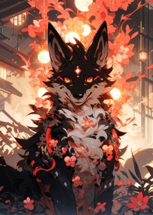 Mystical Black Fox Amidst Blossoms - Premium Wooden Framed Poster. Ready to Hang.