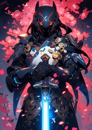 Cyberpunk Samurai: A Fusion of Tradition and Technology - Premium Wooden Framed Poster. Ready to Hang.