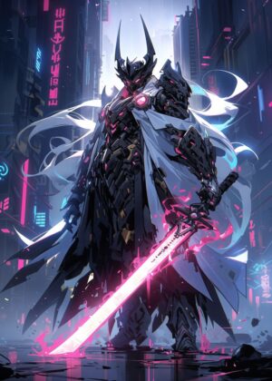 Cyberpunk Warrior: Digital Art Print - Premium Wooden Framed Poster. Ready to Hang.