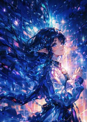 Anime Girl with Blue Hair and Sparkling Background - Premium Wooden Framed Poster. Ready to Hang.
