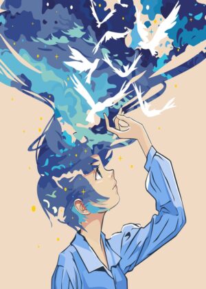 Anime Girl Dreaming of Birds - Premium Wooden Framed Poster. Ready to Hang.