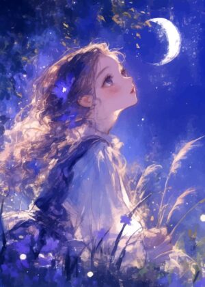 Girl Gazing at the Crescent Moon - Premium Wooden Framed Poster. Ready to Hang.