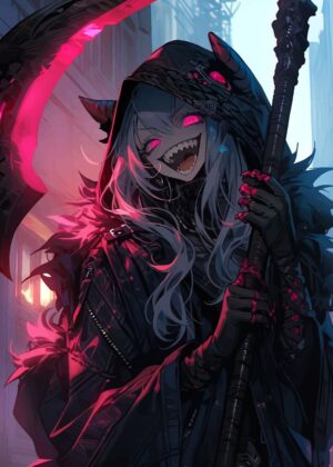 Demon Girl with Scythe: Dark Fantasy Art Print - Premium Wooden Framed Poster. Ready to Hang.