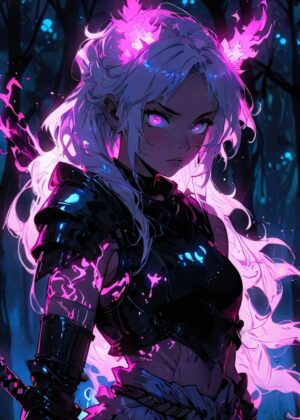 Fierce Anime Warrior Girl: Neon Dreams - Premium Wooden Framed Poster. Ready to Hang.
