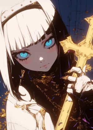 Anime Girl with Cross Sword Art Print - Premium Wooden Framed Poster. Ready to Hang.