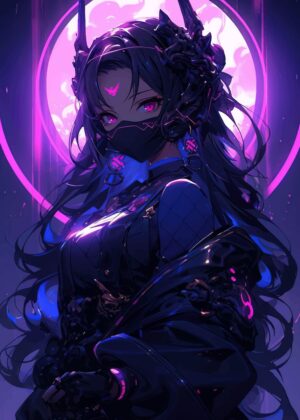 Cyberpunk Anime Girl: Dark Fantasy Art Print - Premium Wooden Framed Poster. Ready to Hang.