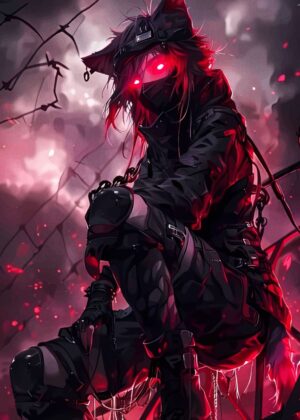 Red-Eyed Anime Cat Girl: Fierce and Mysterious Digital Art Print - Premium Wooden Framed Poster. Ready to Hang.