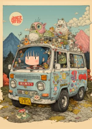 Adorable Girl on a Whimsical Road Trip - Premium Wooden Framed Poster. Ready to Hang.