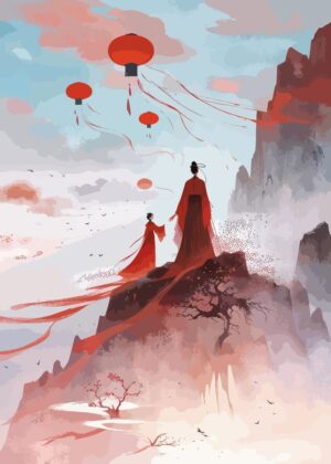 Elegant Asian Women in Red Robes on Mountaintop with Floating Lanterns - Premium Wooden Framed Poster. Ready to Hang.