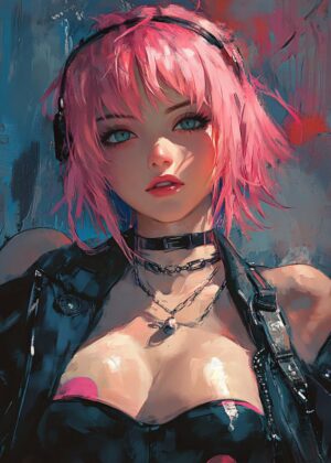 Haruno Sakura Biker Style: Anime Girl Art Print - Premium Wooden Framed Poster. Ready to Hang.
