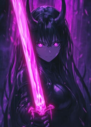 Anime Demon Girl with Glowing Sword Art Print - Premium Wooden Framed Poster. Ready to Hang.