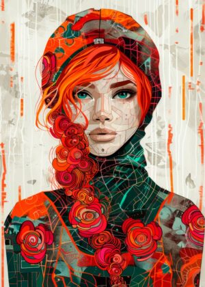 Cyberpunk Rose Woman: Digital Art Print - Premium Wooden Framed Poster. Ready to Hang.