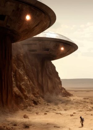 Desert Spaceship Landing: Futuristic Sci-Fi Artwork - Premium Wooden Framed Poster. Ready to Hang.
