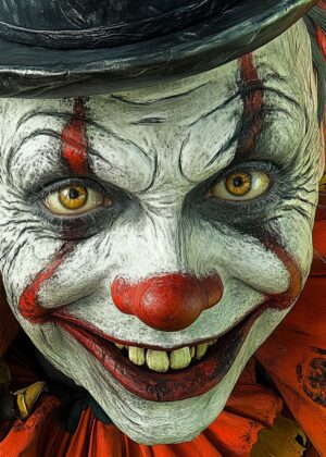 Creepy Clown Portrait: A Haunting Halloween Masterpiece - Premium Wooden Framed Poster. Ready to Hang.