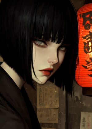Anime Girl in a Dark Alleyway - Premium Wooden Framed Poster. Ready to Hang.