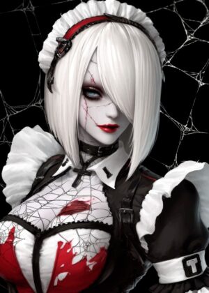 Gothic Maid with Spiderweb: Dark Fantasy Art Print - Premium Wooden Framed Poster. Ready to Hang.