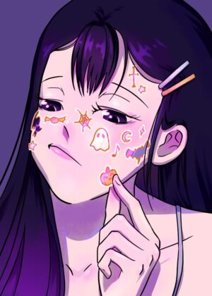 Anime Girl with Halloween Stickers - Premium Wooden Framed Poster. Ready to Hang.