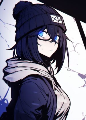 Anime Girl with Striking Blue Eyes - Premium Wooden Framed Poster. Ready to Hang.