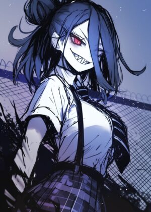 Anime Girl with Piercing Red Eyes - Premium Wooden Framed Poster. Ready to Hang.