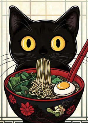Adorable Black Cat Devouring Ramen Noodles - Premium Wooden Framed Poster. Ready to Hang.