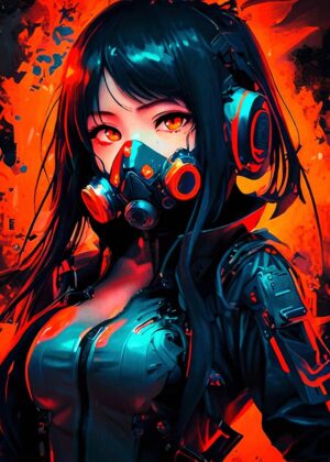 Cyberpunk Anime Girl: Fiery Digital Art Print - Premium Wooden Framed Poster. Ready to Hang.